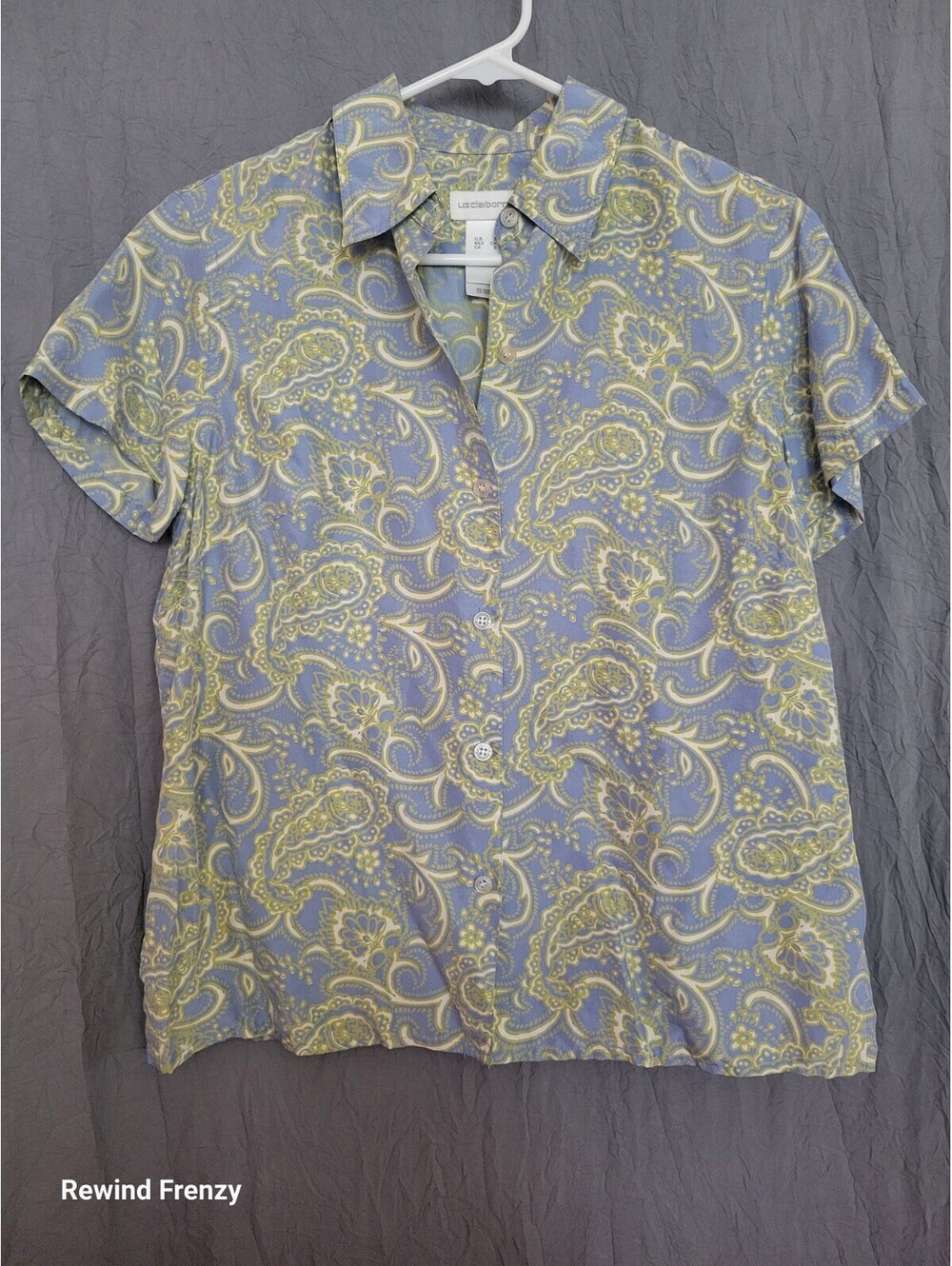 Liz Claiborne Blue Green Paisley Silk Shirt Small Women's Boho Casual Retro